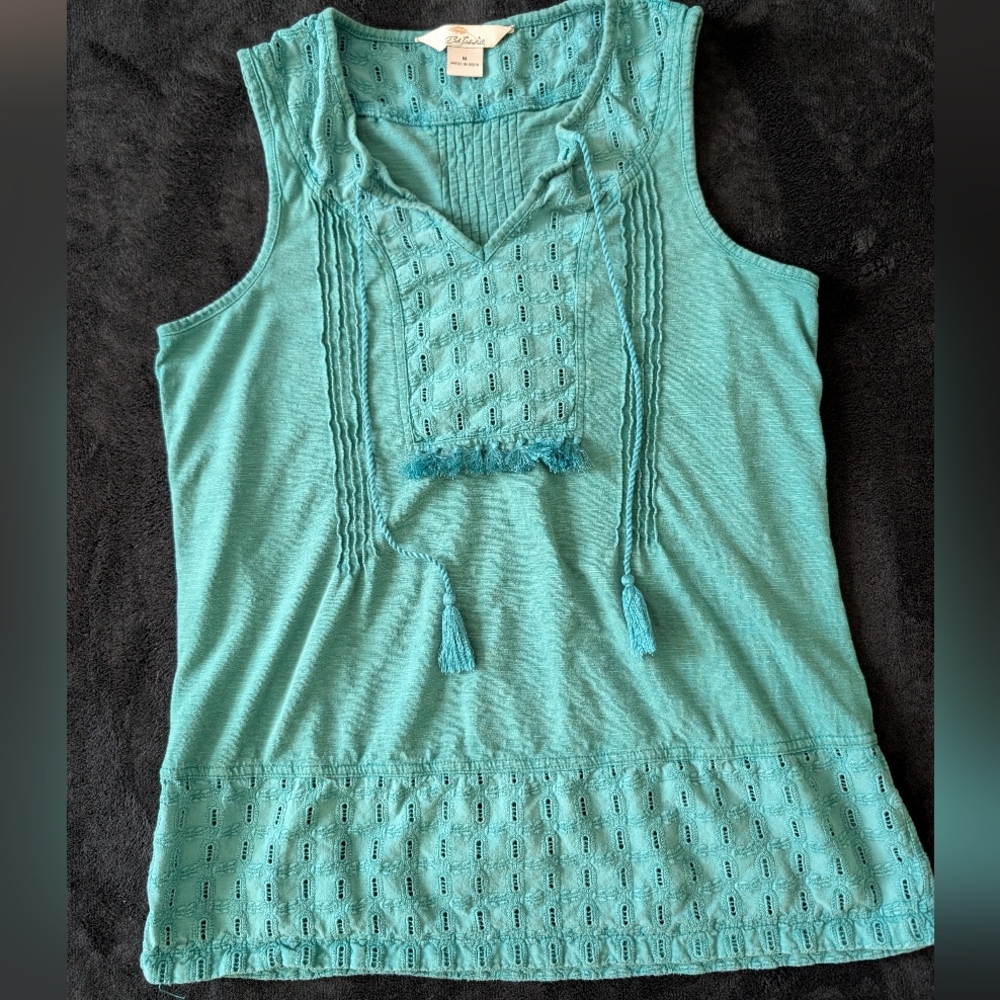 Boho Eyelet Turquoise Tassel Sleeveless Blouse Cotton Modal Festival Vacation M image 5